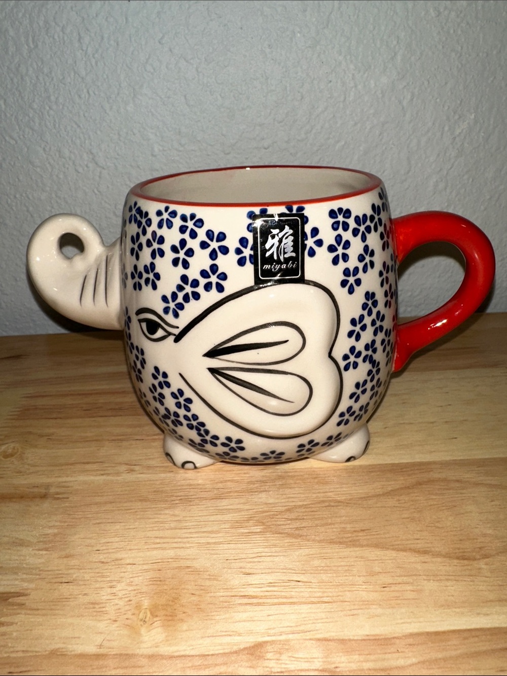 Yokohama Studio Japan Ceramic & Enamel 3D Blue Floral Elephant Mug Cup 20oz